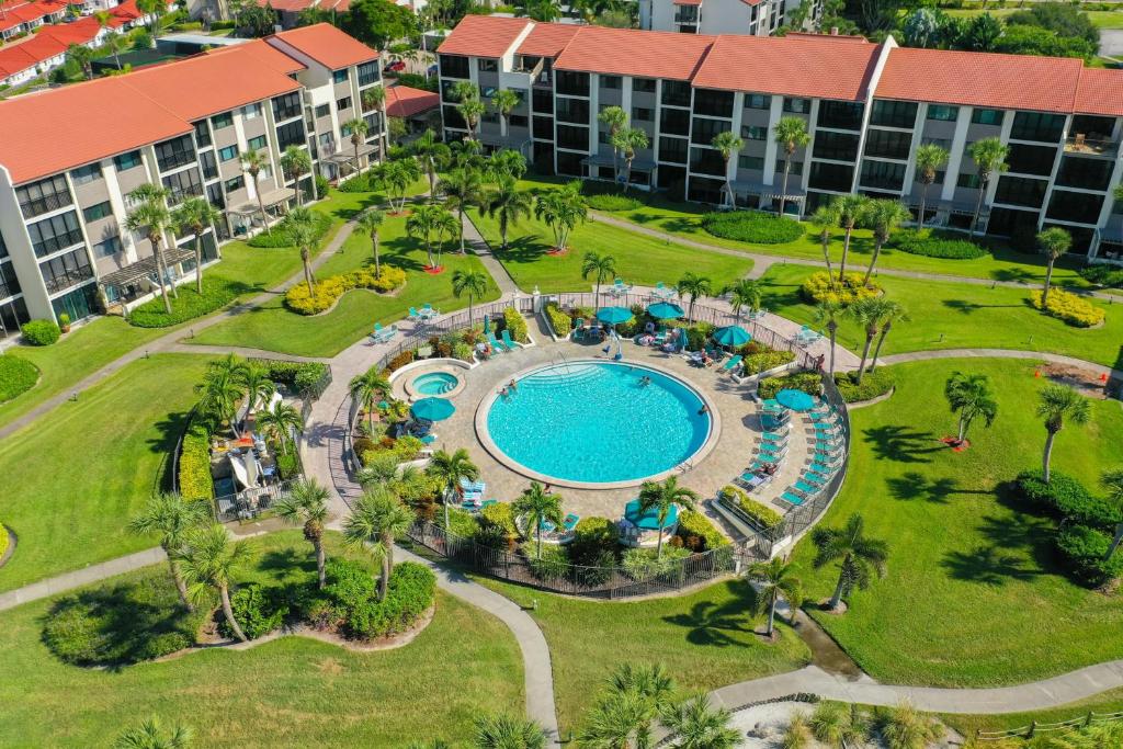 an aerial view of the pool at the resort at Stay Siesta Dunes, #300; by Beachside Management in Siesta Key