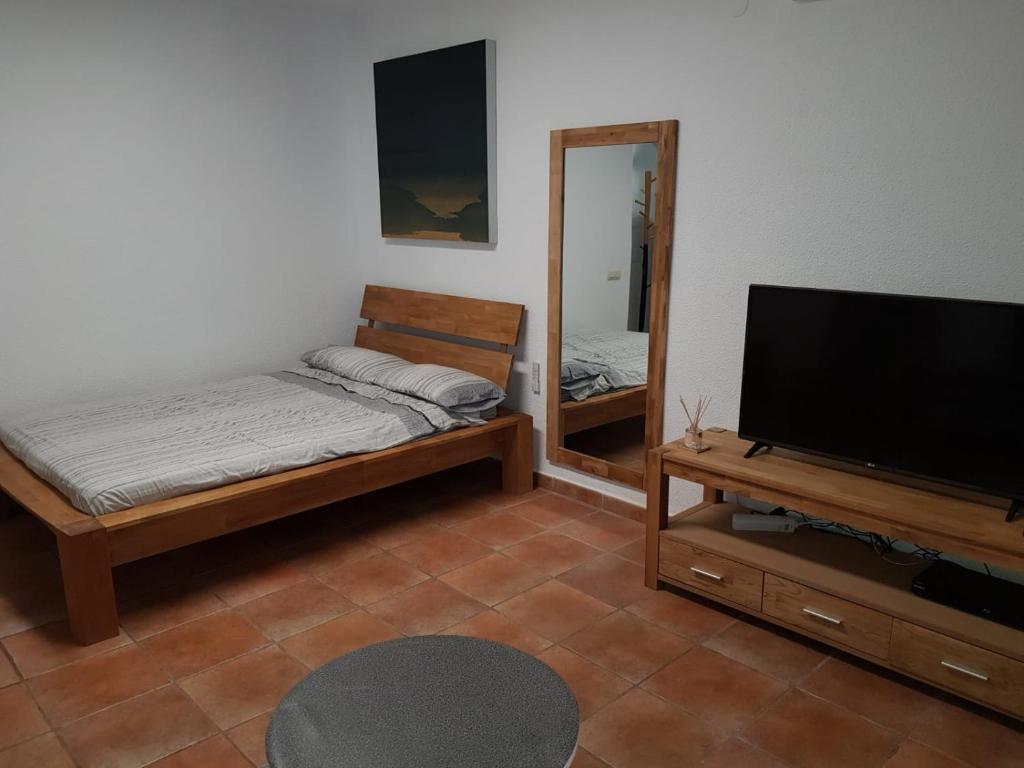 - une chambre avec un lit, une télévision et un miroir dans l'établissement Estudio en el centro de San Juan de Alicante, à San Juan de Alicante