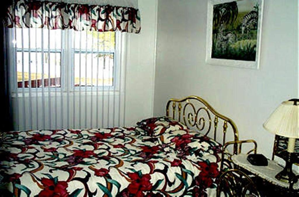 a bedroom with a bed with a flowered blanket and a window at Johnstown Motel in Johnstown