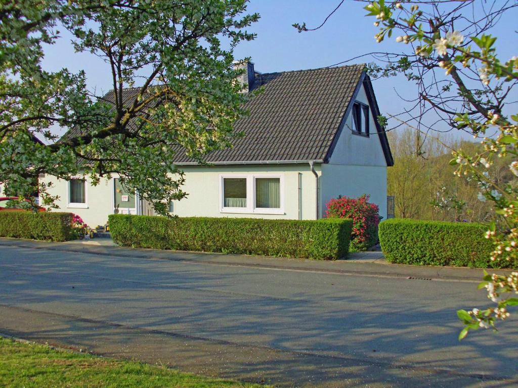 a white house with a black roof and a driveway at Ferienwohnung Am-Brueckenrain in Frankenau