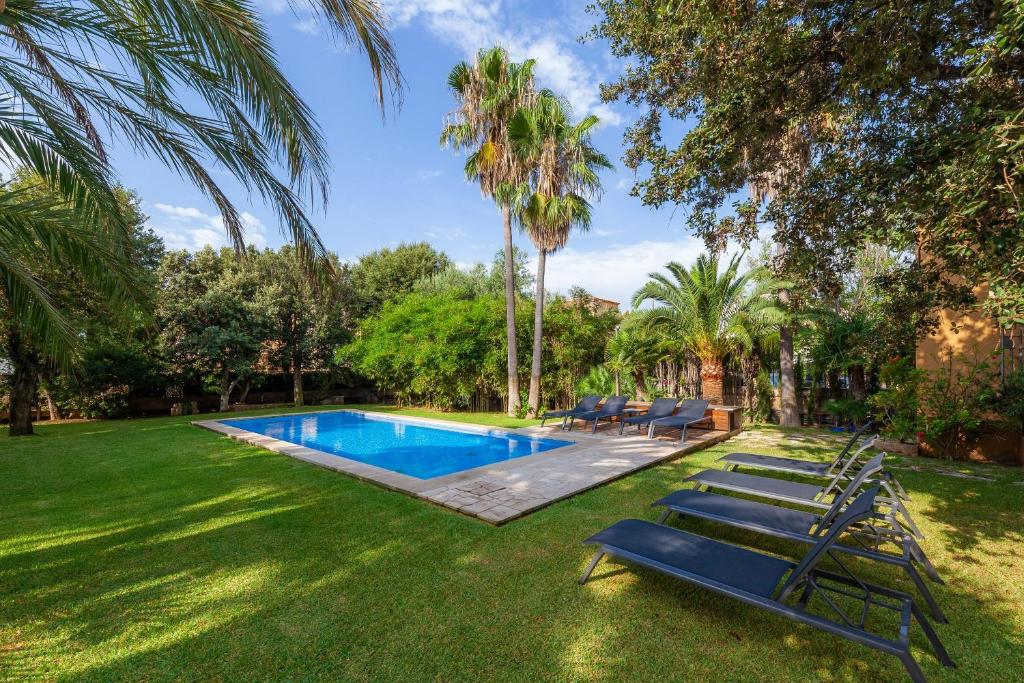 a swimming pool in a yard with palm trees at Villa Cala Bona in Cala Bona