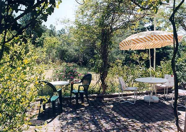 un patio avec tables, chaises et un parasol dans l'établissement Haus Zypresse, à Saint-Saturnin-lès-Apt