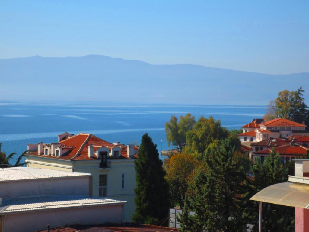 a view of a city with houses and the ocean at Accommodation Jovan in Ohrid