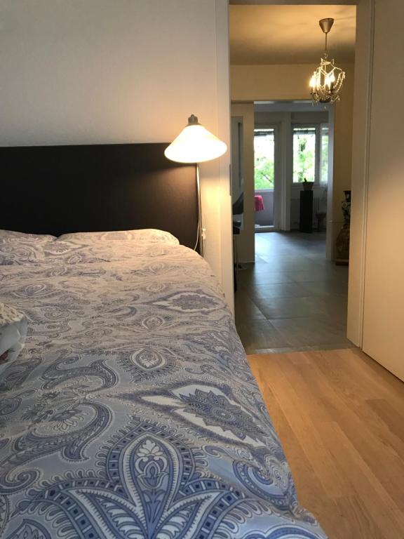 ein Schlafzimmer mit einem Bett und einer Lampe sowie einem Flur in der Unterkunft Rhein Promenade in Basel