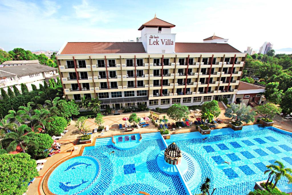 an aerial view of a hotel with a large pool at Lek Villa in Pattaya North