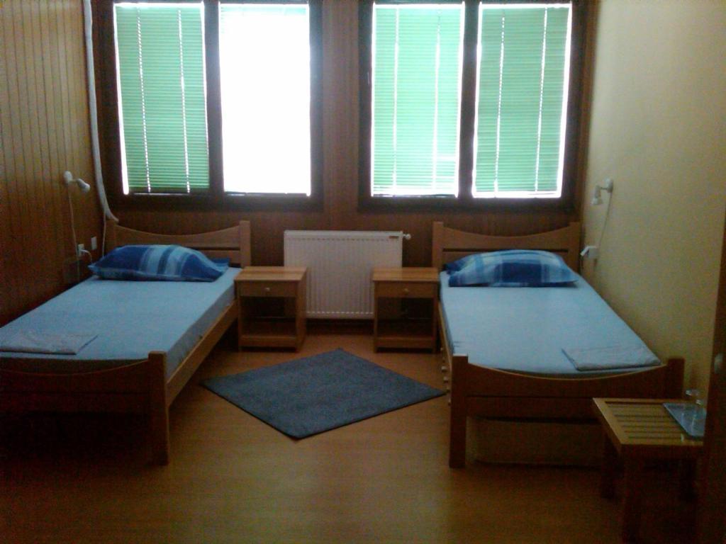 two beds in a room with two windows at Hostel AV Palanka in Bačka Palanka