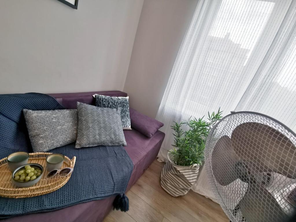 un divano viola con un cesto di frutta sopra di Scandinavian style 3 bedrooms, great location a Danzica