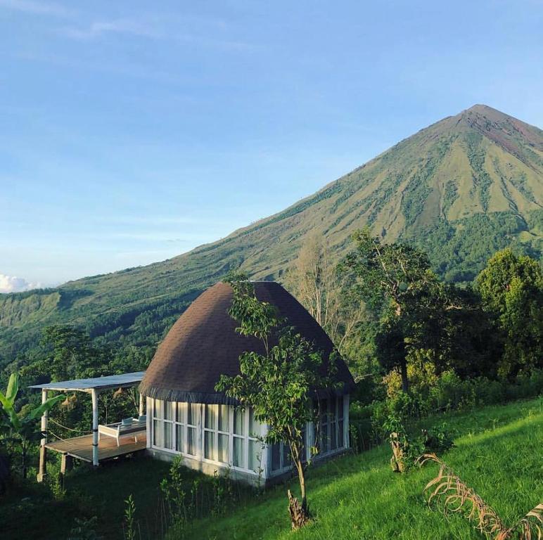 a large building with a grass roof on a hill at Manulalu Jungle in Bajawa