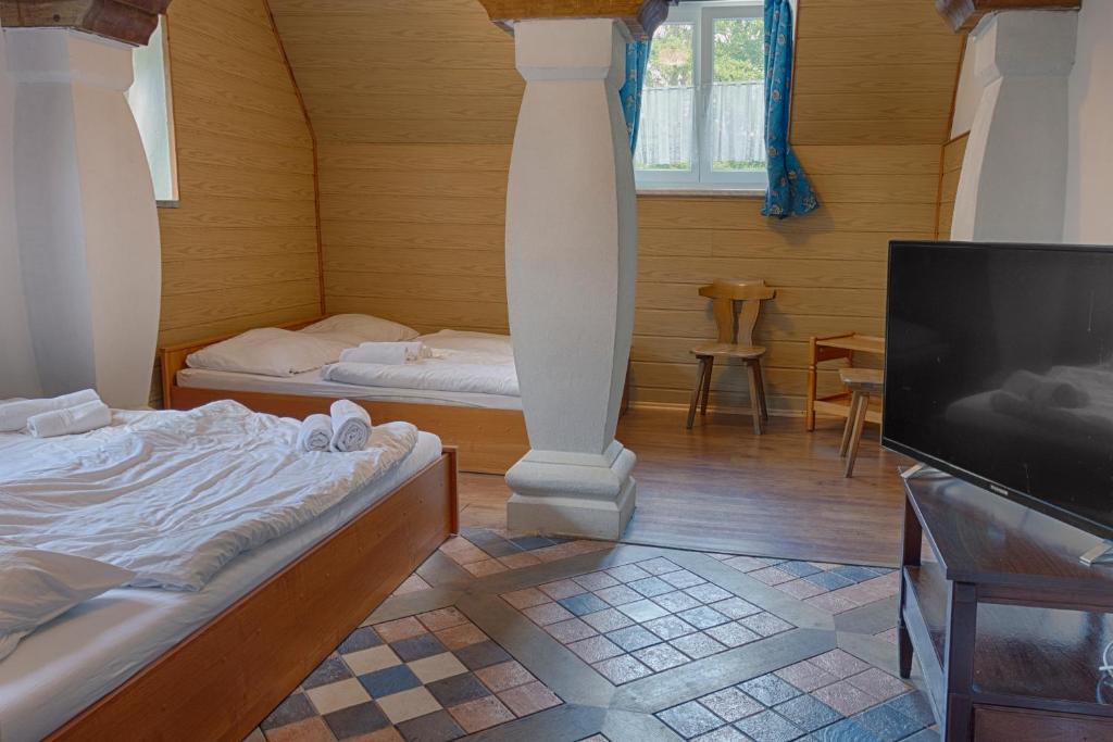 a bedroom with two beds and a flat screen tv at Penzion Gaudeamus in Milovy