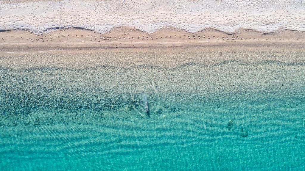 a person swimming in the ocean on a beach at Ammoa Beach Residences in Vayiá