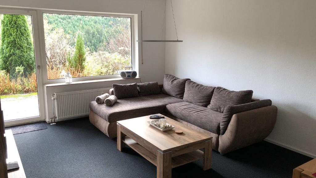 een woonkamer met een bank, een tafel en een raam bij FeWo Berg Idyllika in Willingen