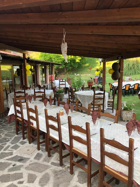a long table with wooden chairs and tables on a patio at Hotel River in Civitella Roveto