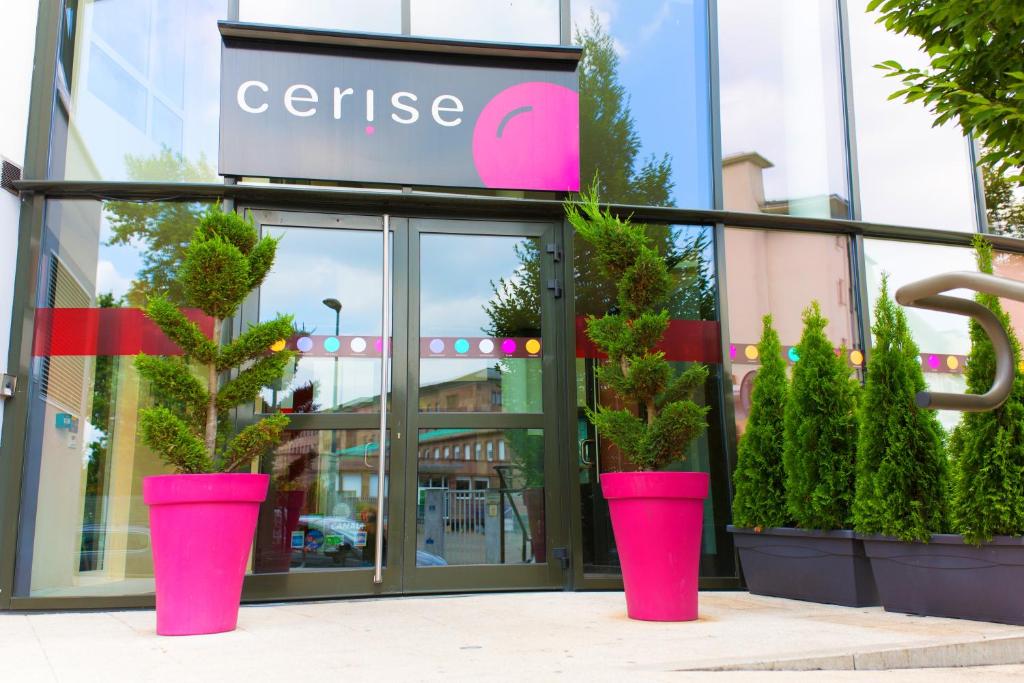deux plantes roses en pot devant un magasin dans l'établissement Cerise Strasbourg, à Strasbourg