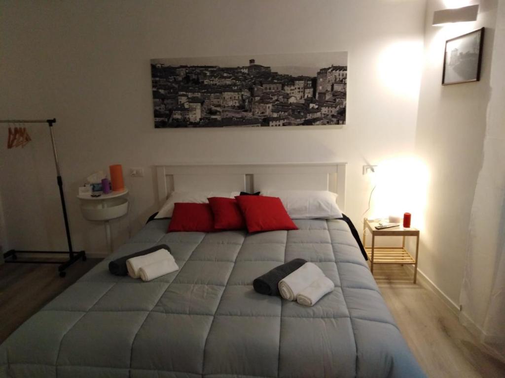 een slaapkamer met een groot bed met rode kussens bij Pasticcio Guest House in Perugia