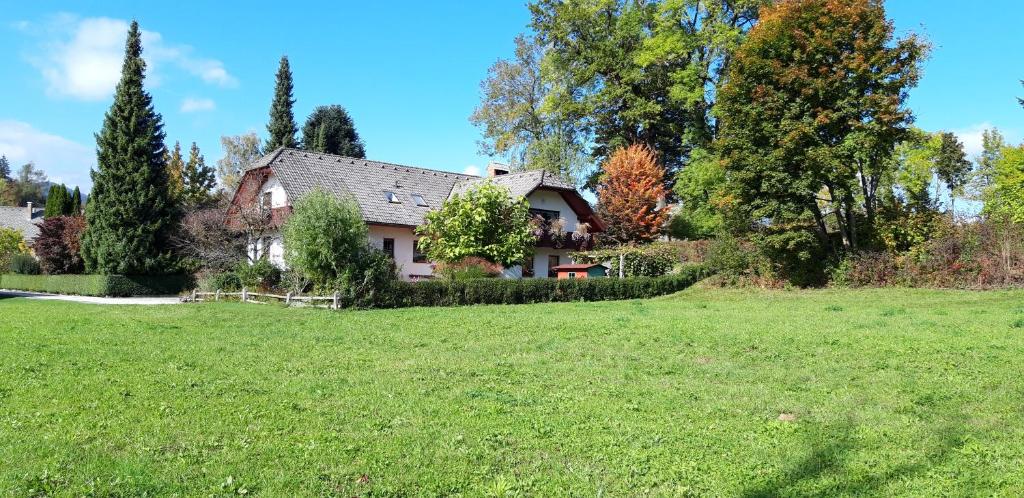 a house in a field with a grass yard at APARTMA ANTON in Bled