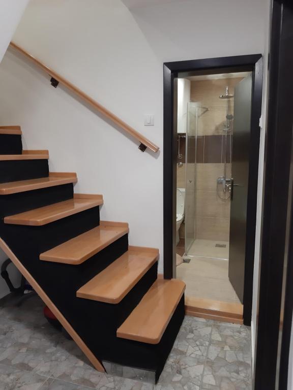bagno con scale e doccia con porta in vetro di Maison ALANA a Divčibare