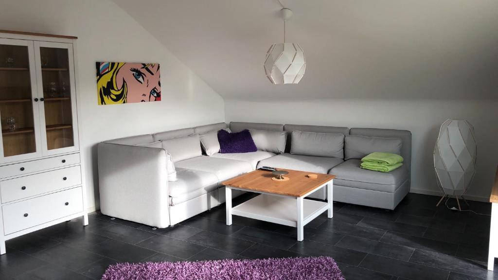 uma sala de estar com um sofá e uma mesa em FeWo Stryck Idyllika em Willingen