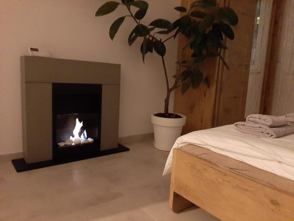 ラチブシュにあるVascoの暖炉付きのベッドルーム