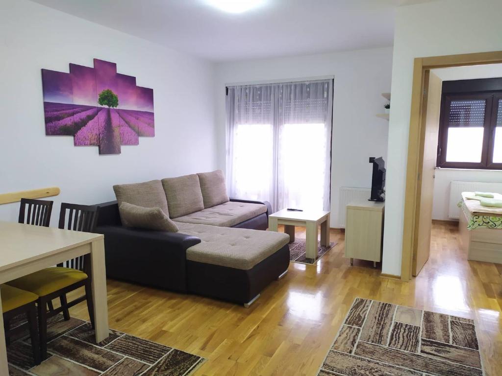 - un salon avec un canapé et une table dans l'établissement Apartman Danijela, à Zlatibor