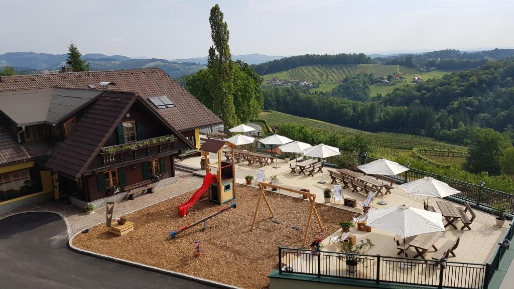 an aerial view of a playground in front of a building at Weingut Pugl in Leibnitz
