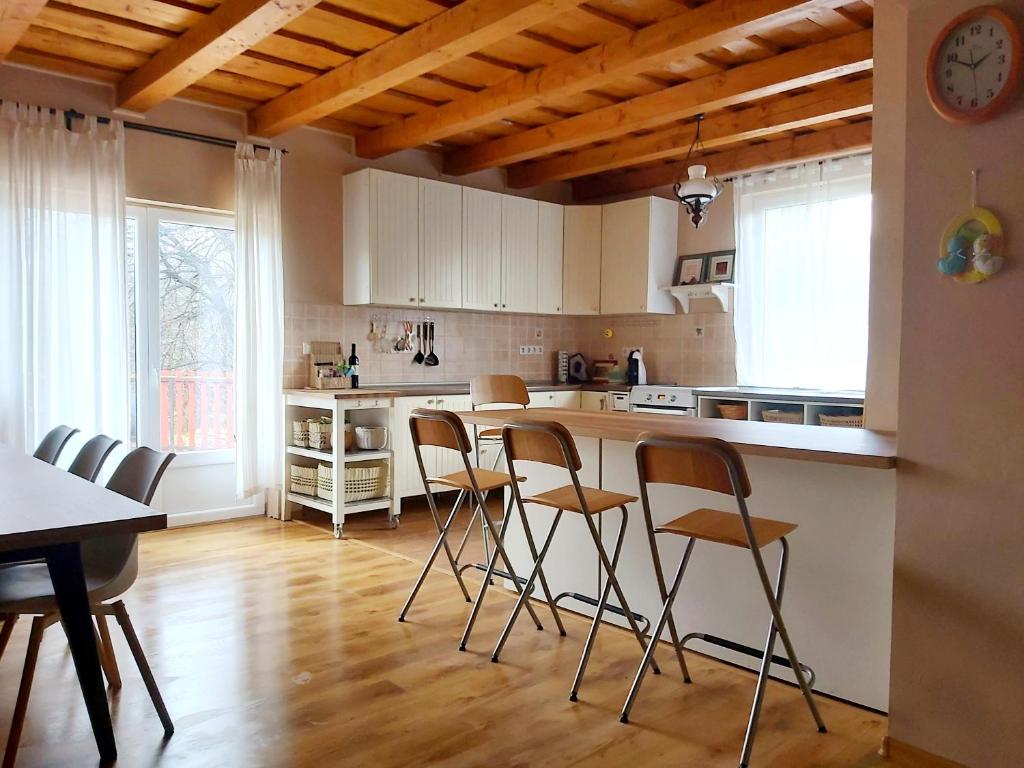 a kitchen with a counter and chairs in a room at Vastu Indawood in Mátraszentimre