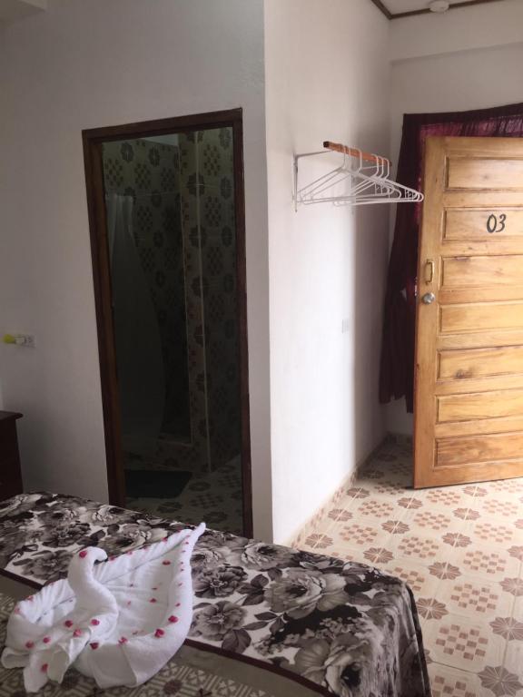 1 dormitorio con cama, armario y puerta en Matus Guest House, en San Ignacio