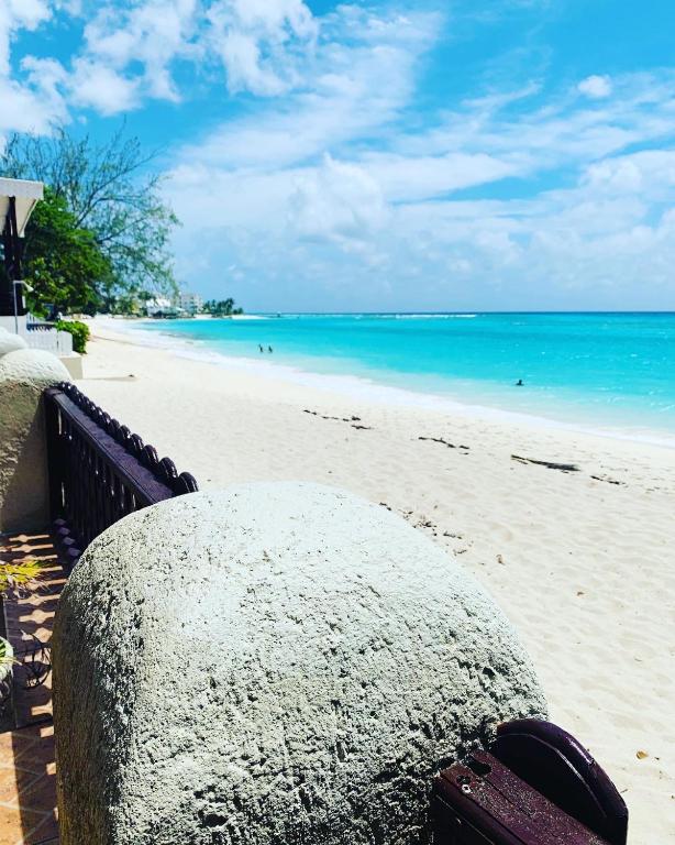 a bench on a beach with the ocean in the background at Beach Vue Barbados in Bridgetown