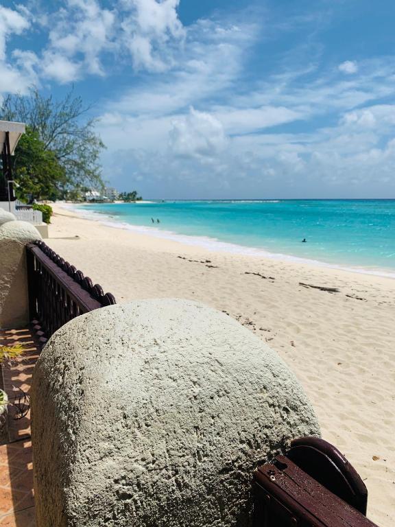 a bench sitting on a beach with the ocean at Beach Vue Barbados in Bridgetown