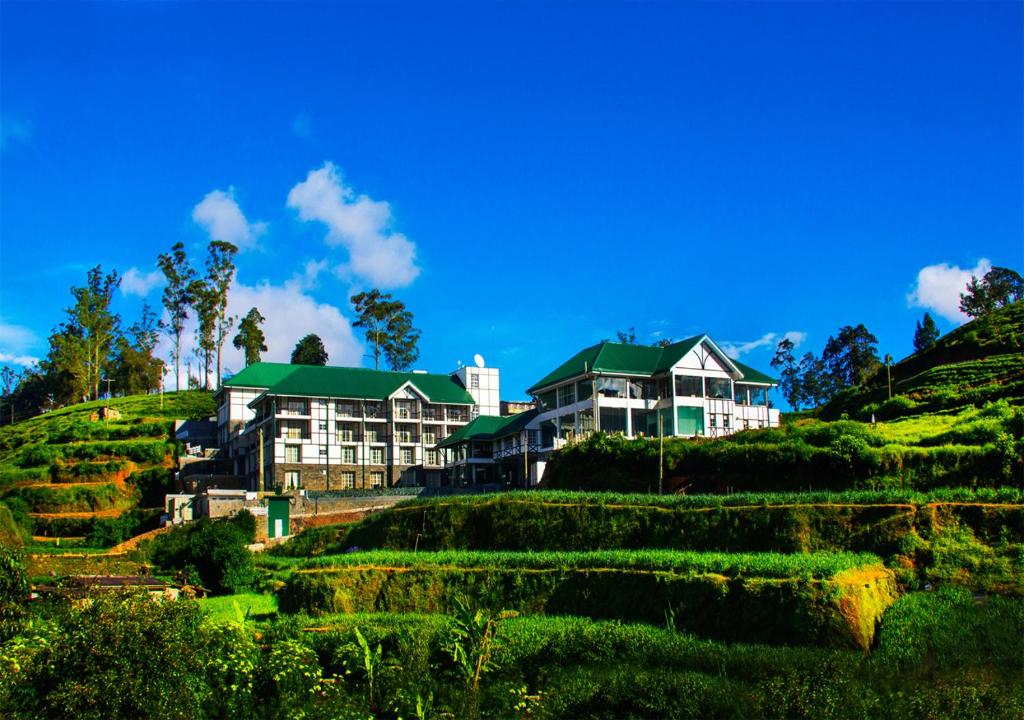 a resort on top of a grassy hill at The Blackpool Resort & Spa in Nuwara Eliya