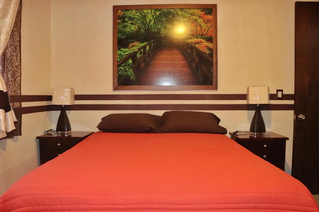 Un dormitorio con una cama roja y una pintura en la pared en HOTEL y SUITES OSDAN, en San Martín de las Pirámides