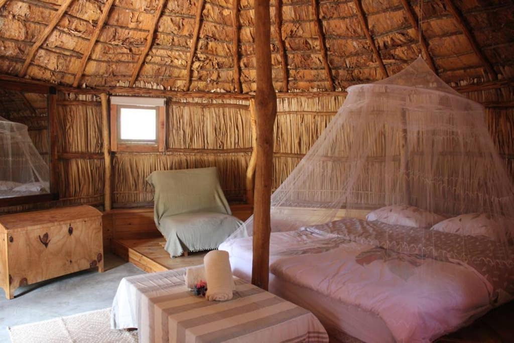 um quarto com uma cama e uma cadeira numa cabana em La Case, un espace qui invite à l'essentiel ! em Bouloupari