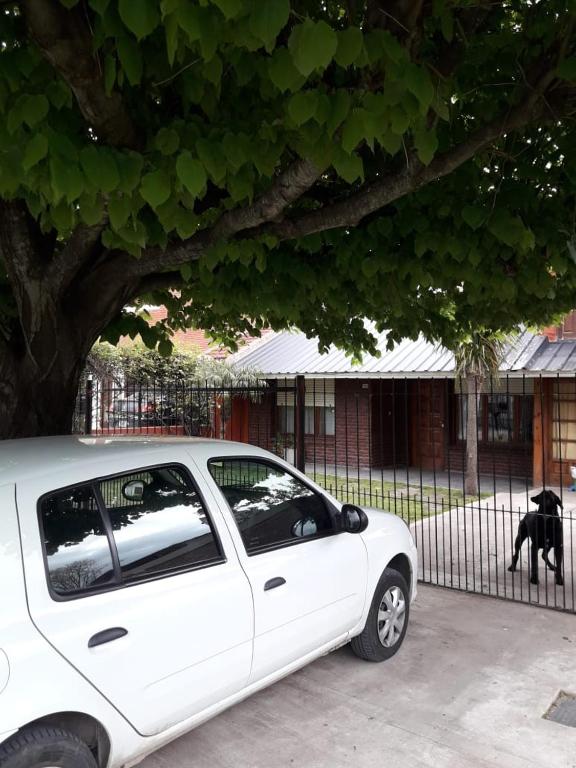 un coche blanco estacionado junto a una valla con un perro en Lo De Miriam en Mar del Plata