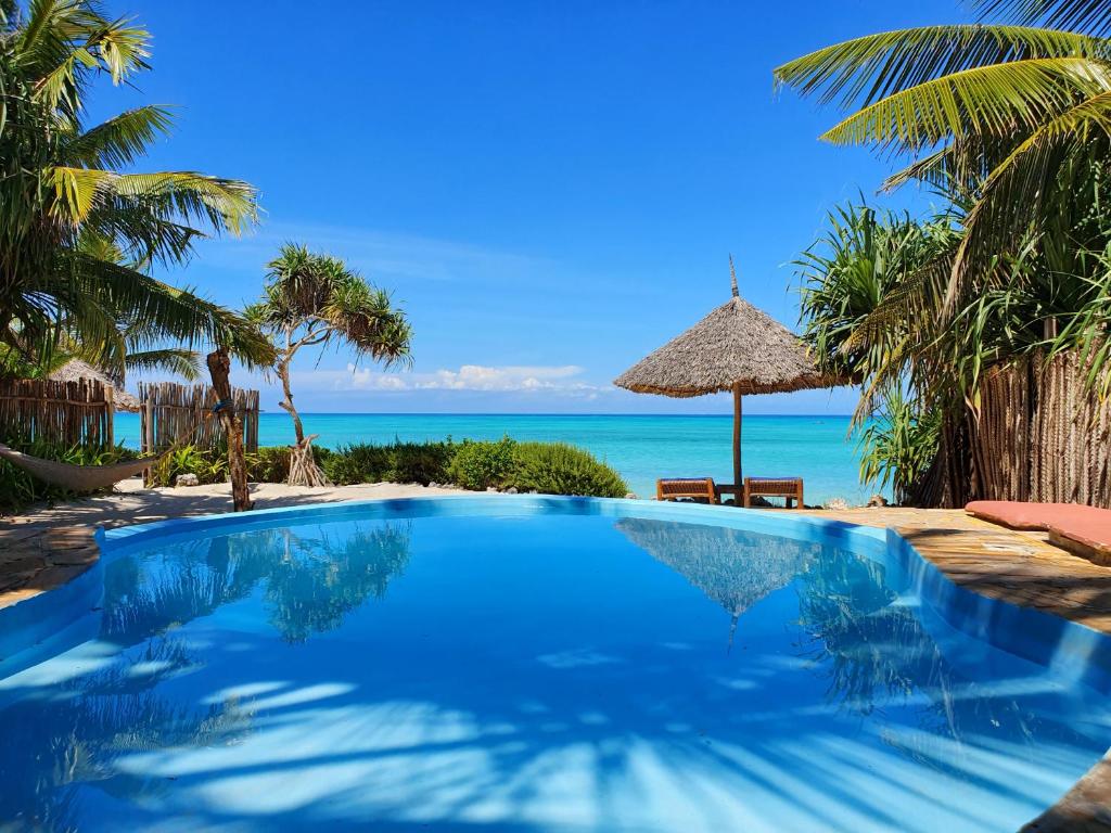 a swimming pool with a view of the ocean at The Zanzibari in Nungwi