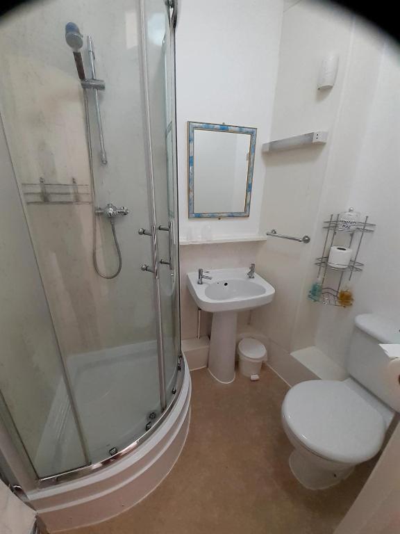 a bathroom with a shower and a toilet and a sink at The Edenhurst Guesthouse in Weymouth
