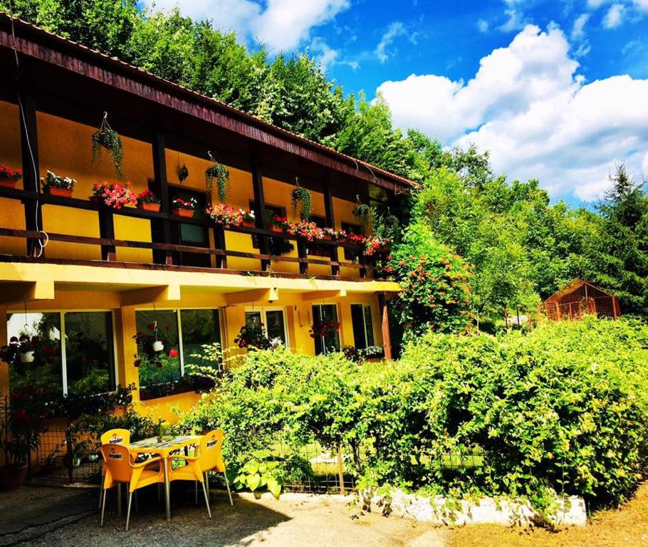 a building with a table and chairs in front of it at house in the woods in Reşiţa