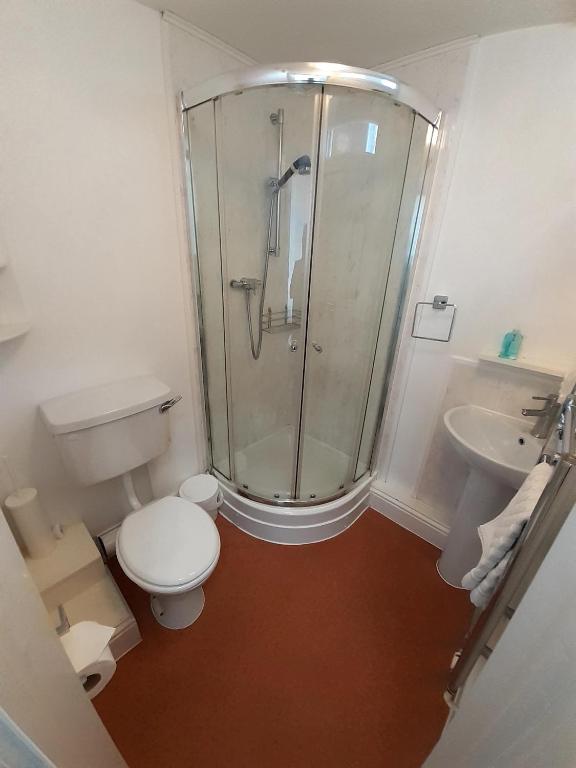 a bathroom with a shower and a toilet and a sink at The Edenhurst Guesthouse in Weymouth