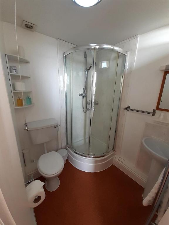 a bathroom with a shower and a toilet and a sink at The Edenhurst Guesthouse in Weymouth