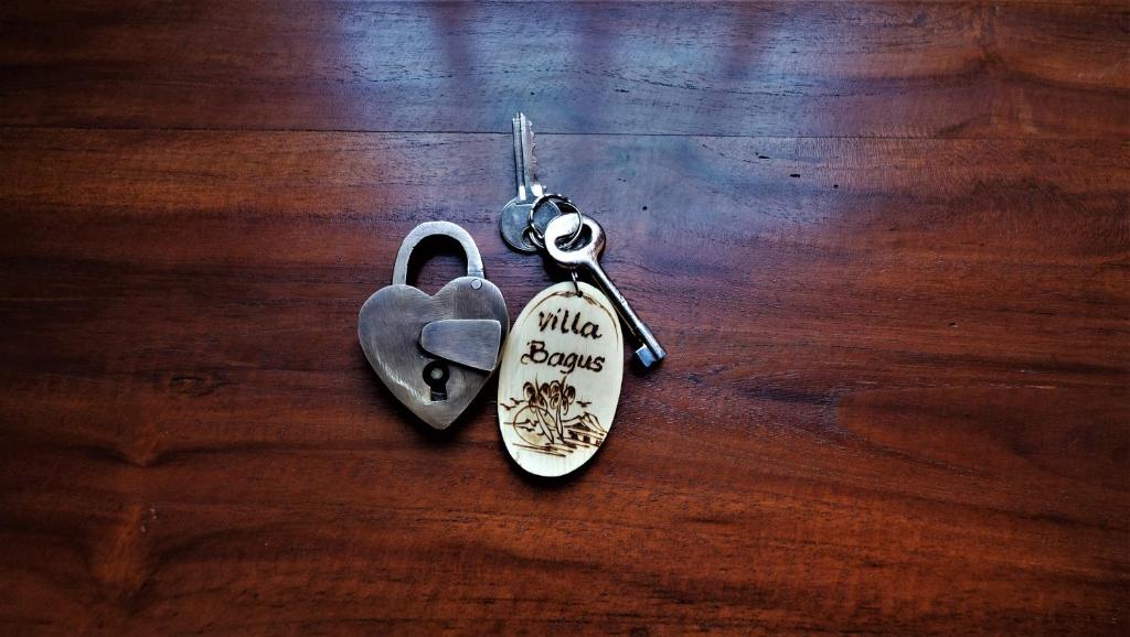 two heart shaped keys on a wooden table at Villa BAgus - near Seminyak beach & trendy shops, restaurants, cafes in Seminyak