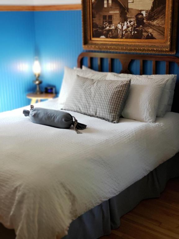 a cat laying on top of a bed in a bedroom at Auberge de la Gare in Sainte-Adèle