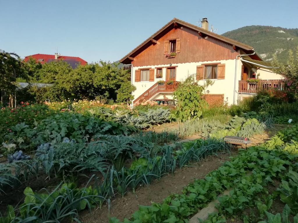 uma casa com um campo de colheitas à sua frente em Chambre dans Maison Campagnarde em Présilly