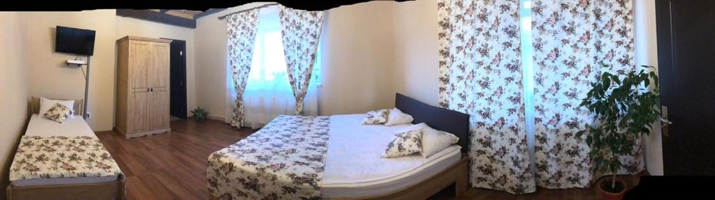 - une chambre avec un lit et 2 fenêtres avec des rideaux dans l'établissement Casa Albert Valea Avrigului, à Avrig