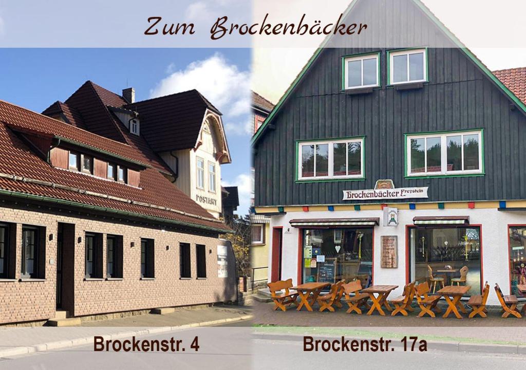 a building with benches in front of a store at Ferienwohnungen Zum Brockenbäcker in Schierke in Schierke