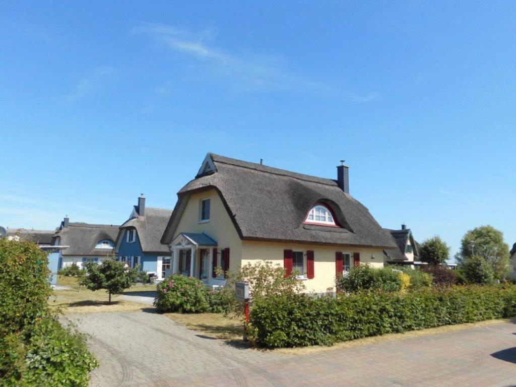 a white house with a black roof and a driveway at Reetdachhaus Sonnenschein in Mursewiek