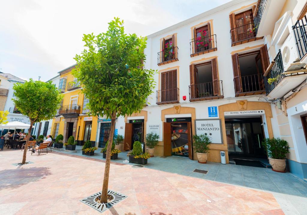 un árbol en un patio frente a un edificio en Hotel Manzanito, en Antequera