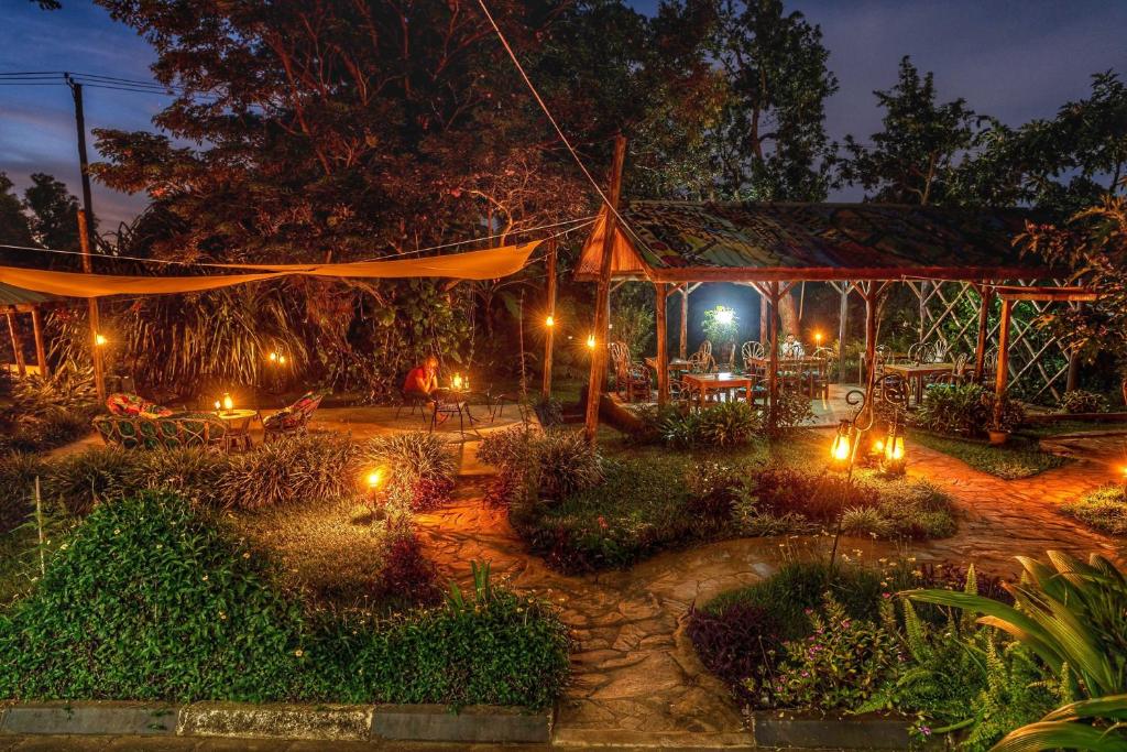 un jardín por la noche con luces en Muti Entebbe en Entebbe