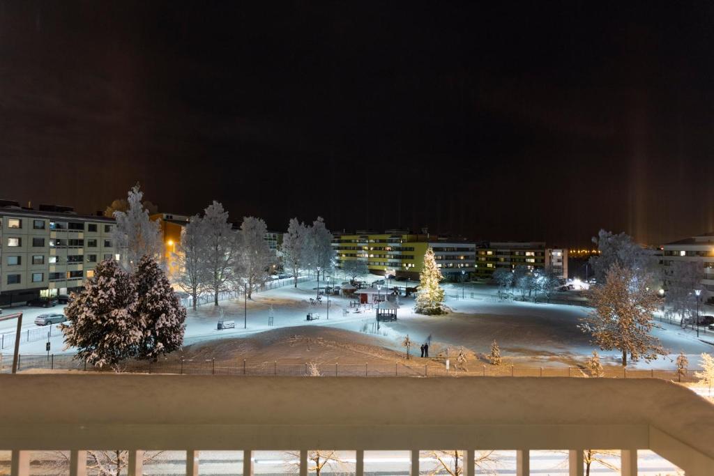 a view of a park with snow covered trees and buildings at Vasko luxurious suites, Hilla in Rovaniemi