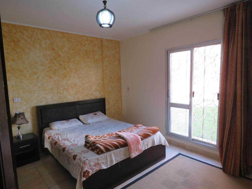 ein Schlafzimmer mit einem Bett und einem großen Fenster in der Unterkunft Gazzar inn Rehab33 in Kairo