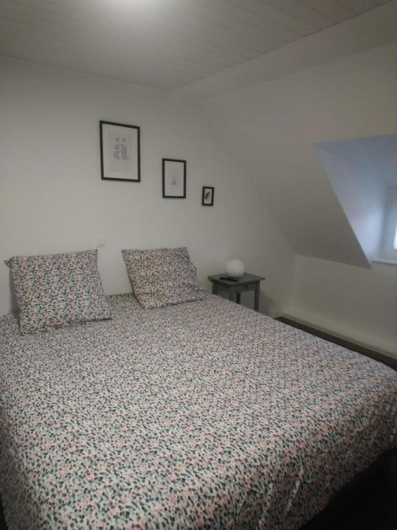 een slaapkamer met een groot bed met 2 kussens bij Chambre du Relais in Masevaux