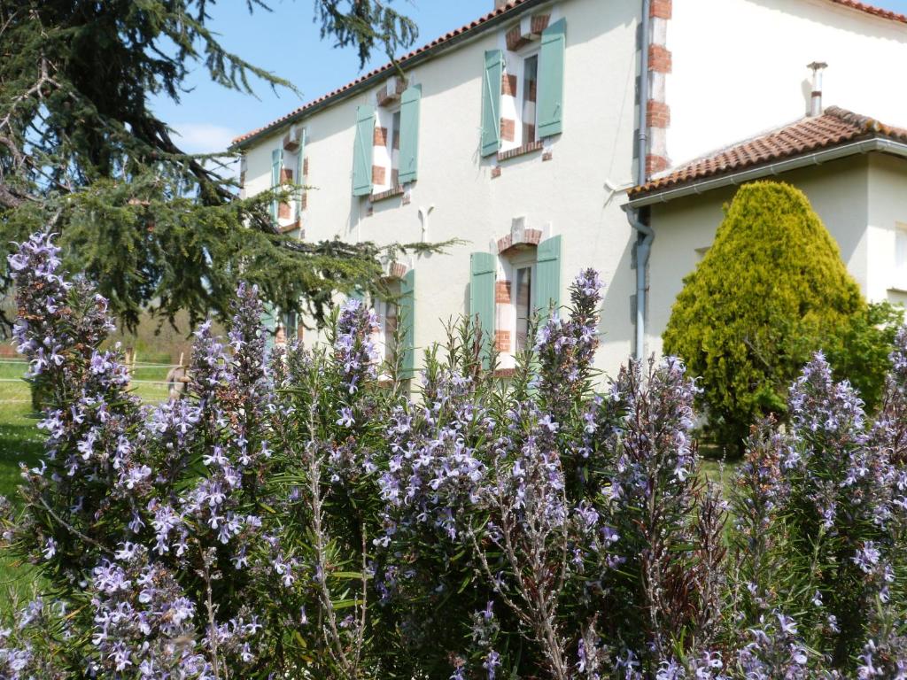 una casa con flores púrpuras delante de ella en Chambres d'hôtes Le Cartounier, en Pinel-Hauterive