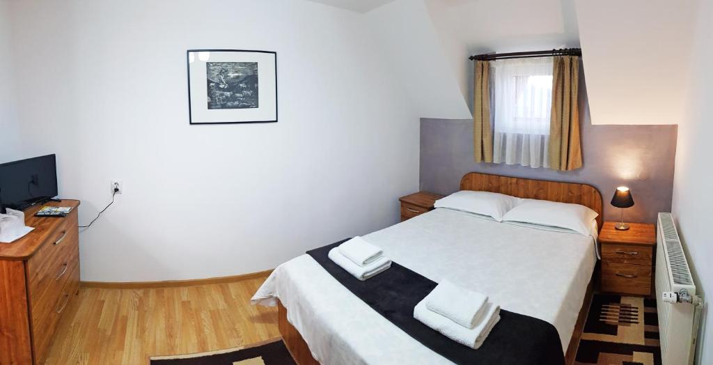Dormitorio pequeño con cama y TV en Dmc House en Frumosu